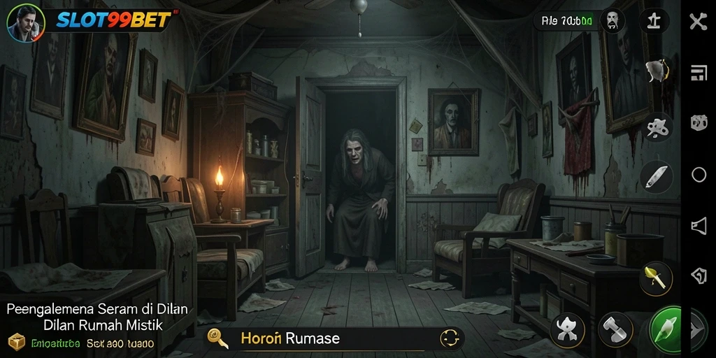 Tampilan antarmuka SLOT99BET yang menegangkan saat menjelajahi rumah berhantu.